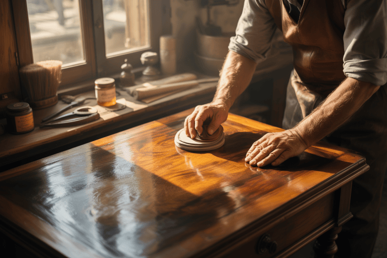 Craftsman restoring an antique mahogany table, carefully polishing to preserve the natural patina and aged character of the wood.