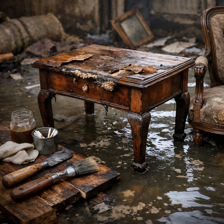 Antique flood damage restoration showing water-damaged wooden table undergoing specialist recovery