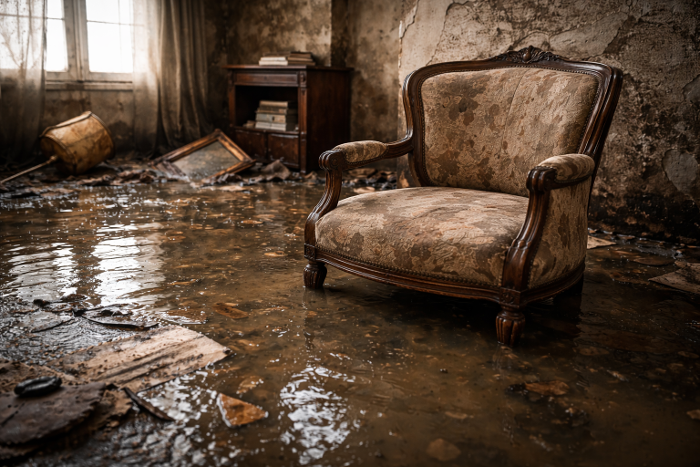 Flood-damaged antique furniture undergoing specialist restoration after water damage