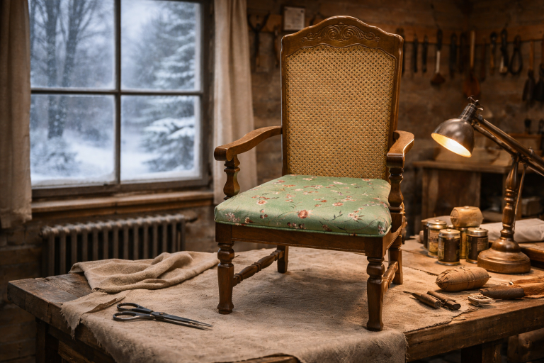Antique wooden chair being reupholstered in a workshop with a winter scene visible through the window, showcasing traditional upholstery craftsmanship during colder months