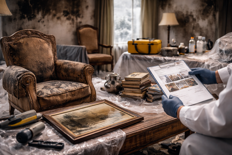 Contents restoration assessment showing smoke-damaged furniture, artwork and books carefully documented for insurance recovery