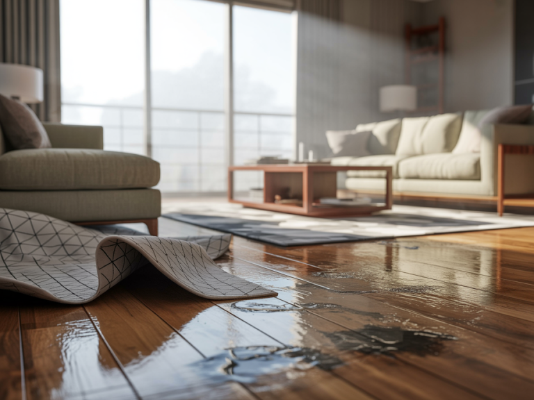 Water-damaged living room with swollen wooden furniture and floor staining ready for contents restoration assessment