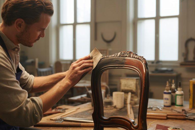 a photograph of a man carefully restoring a fire damaged antique chair