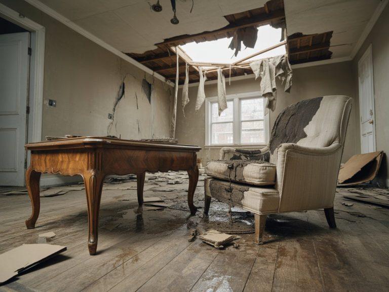 Water-damaged furniture in a living room following a ceiling collapse with debris and moisture affecting wooden and upholstered items