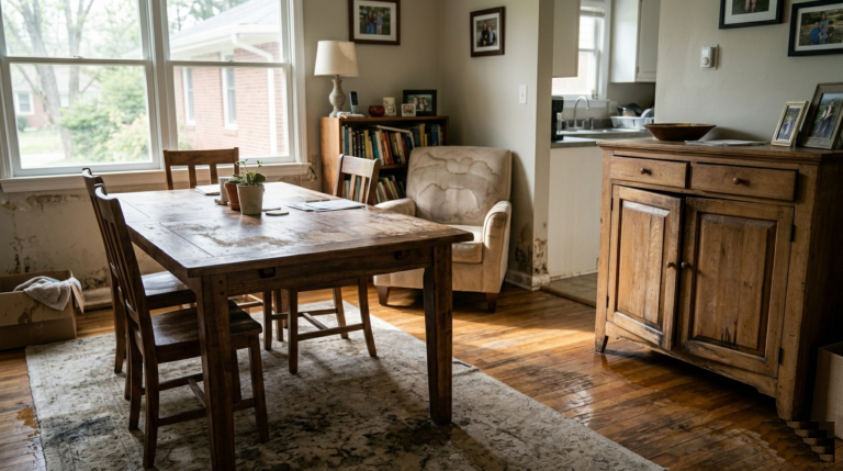 water damaged furniture with swelling wood and damp upholstery ready for professional restoration assessment