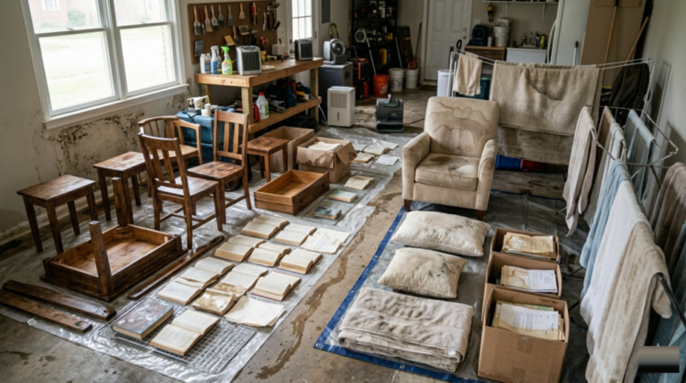 water damaged household contents including furniture and belongings prepared for professional restoration