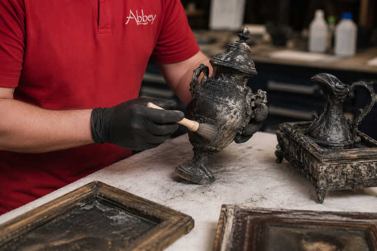 Technician in red Abbey polo shirt restoring smoke-damaged antique contents following fire damage