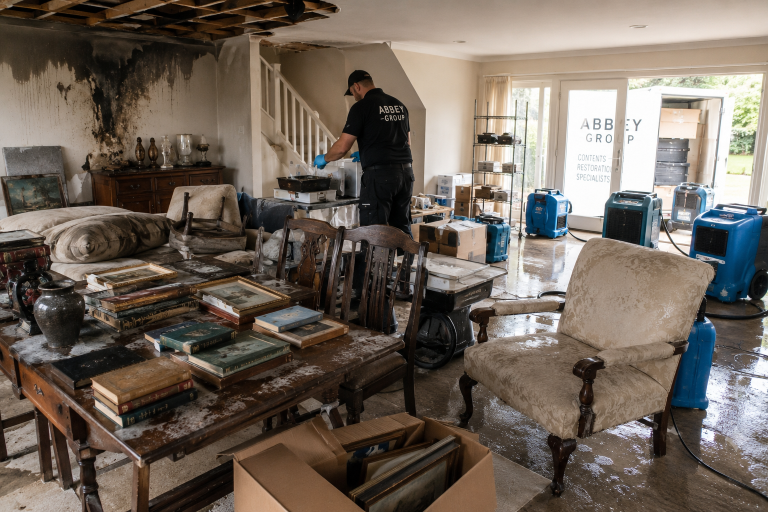 Emergency contents restoration process underway in a water damaged home with furniture and belongings being professionally dried and assessed