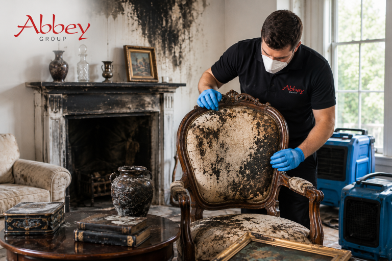 Professional fire and smoke damage restoration specialist inspecting antique upholstered chair in a smoke damaged property