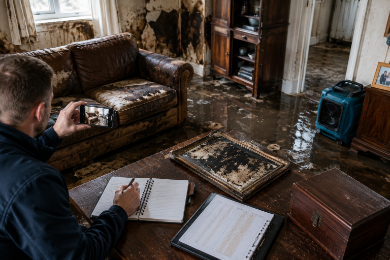 Homeowner documenting water damaged contents and furniture for an insurance claim after flooding
