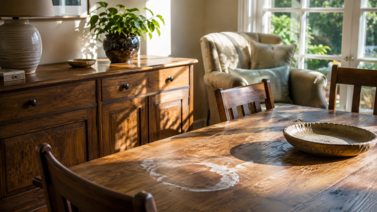 Sunlight shining directly onto wooden furniture, showing heat marks and surface damage caused by prolonged summer heat.