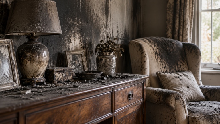 Soot and smoke damage covering antique wooden furniture and an upholstered armchair after a fire.
