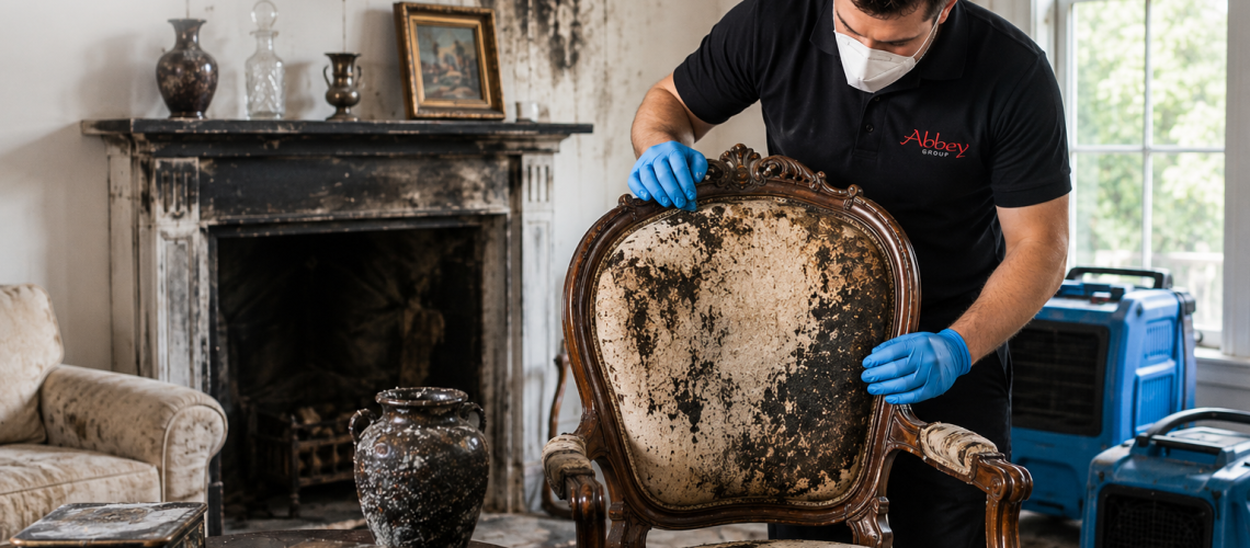 Professional fire and smoke damage restoration specialist inspecting antique upholstered chair in a smoke damaged property