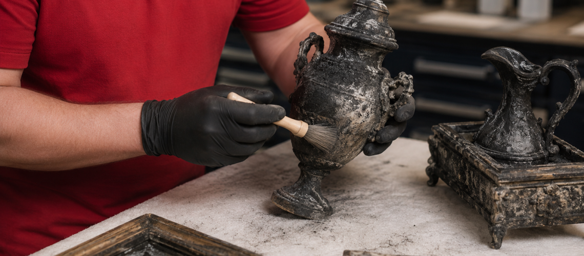 Technician in red Abbey polo shirt restoring smoke-damaged antique contents following fire damage