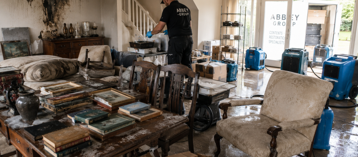 Emergency contents restoration process underway in a water damaged home with furniture and belongings being professionally dried and assessed