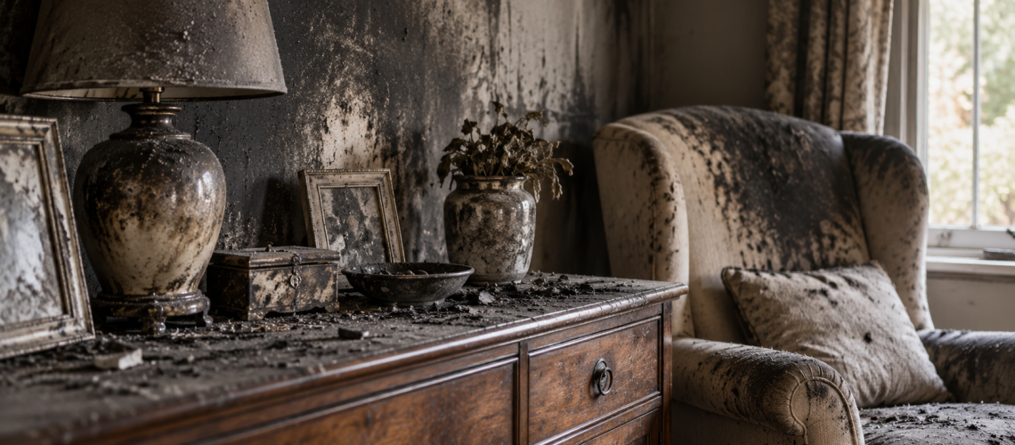 Soot and smoke damage covering antique wooden furniture and an upholstered armchair after a fire.