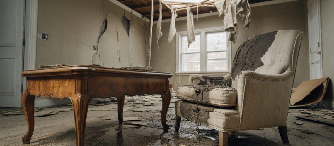 Water-damaged furniture in a living room following a ceiling collapse with debris and moisture affecting wooden and upholstered items