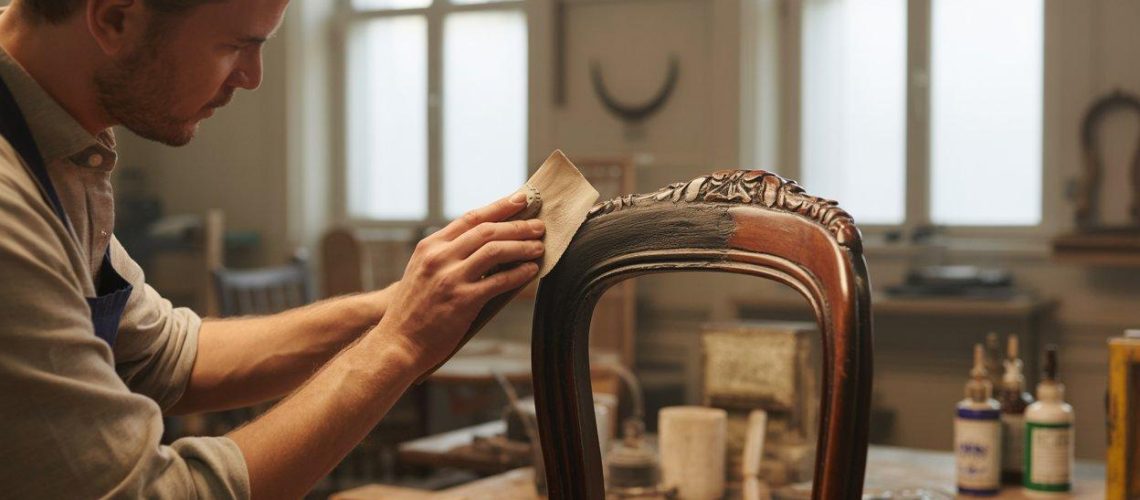 a photograph of a man carefully restoring a fire damaged antique chair