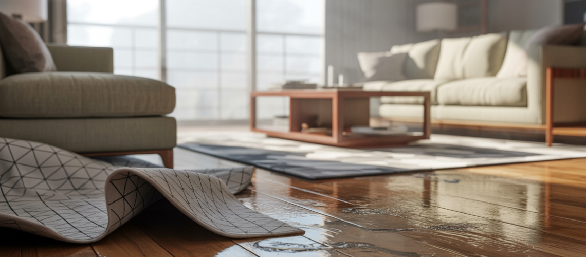Water-damaged living room with swollen wooden furniture and floor staining ready for contents restoration assessment
