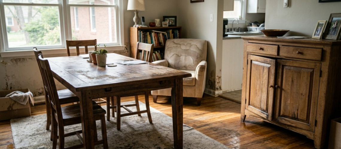 water damaged furniture with swelling wood and damp upholstery ready for professional restoration assessment