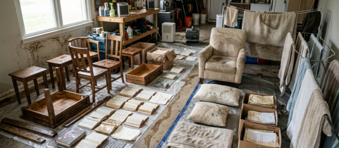 water damaged household contents including furniture and belongings prepared for professional restoration