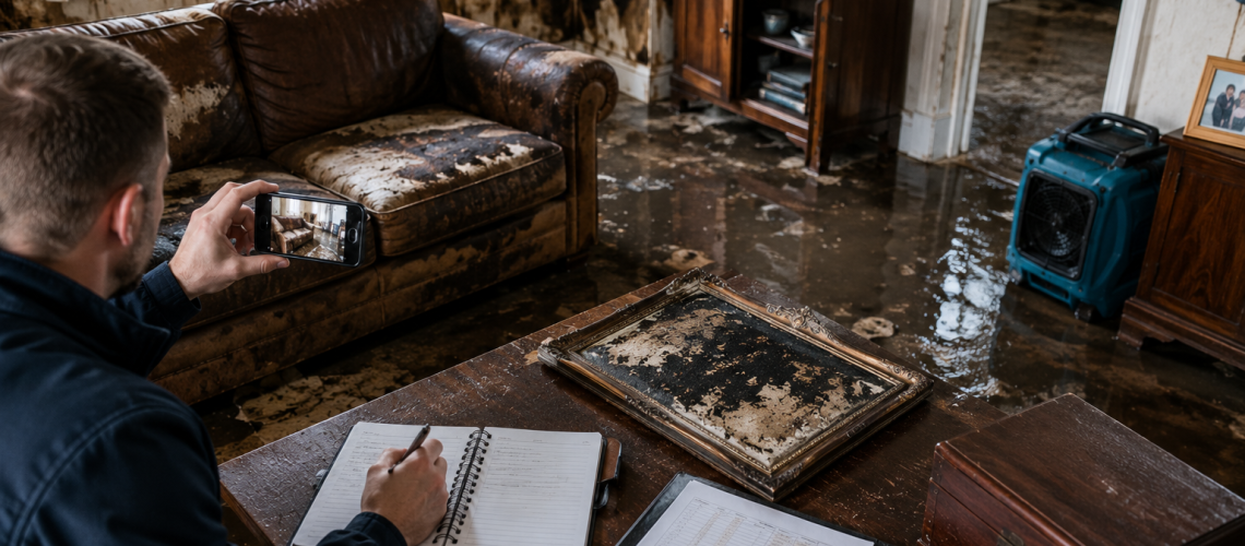 Homeowner documenting water damaged contents and furniture for an insurance claim after flooding