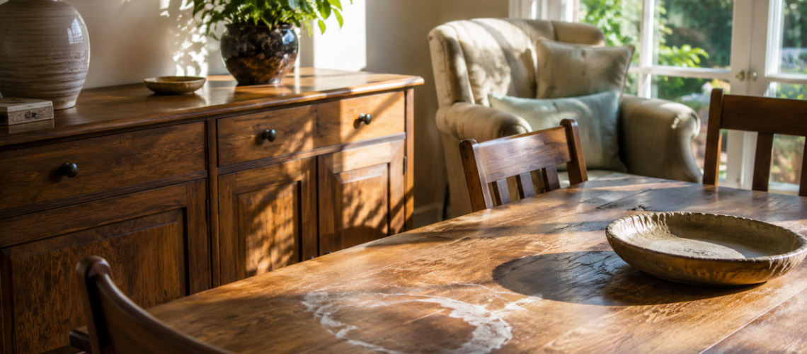 Sunlight shining directly onto wooden furniture, showing heat marks and surface damage caused by prolonged summer heat.