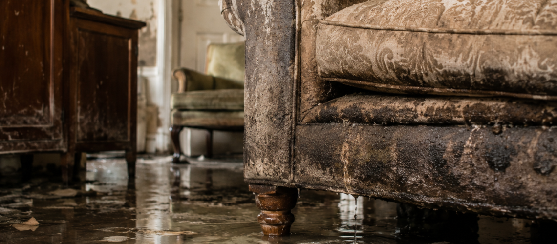 Flood damaged upholstered armchair and furniture left wet in a waterlogged room with visible moisture and mould damage